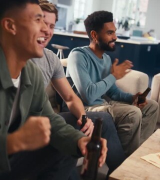 Vertical video of group of excited male friends at home in lounge watching sports on TV celebrating with beer and pizza together - shot in slow motion